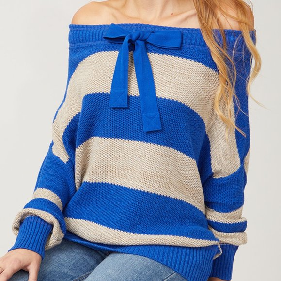 Free People Blue Stripe Off-Shoulder Pullover S - Picture 1 of 8